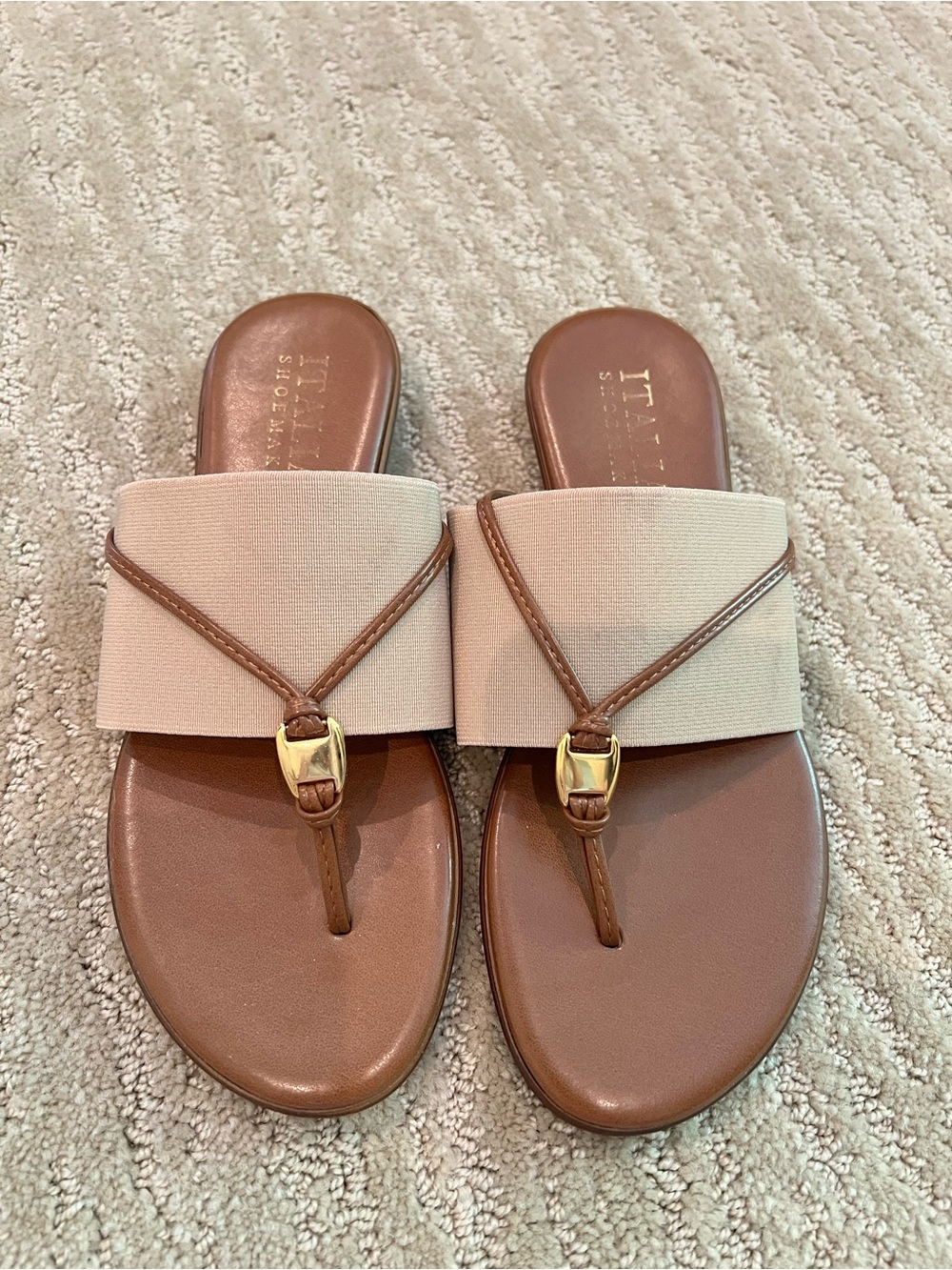 Italian Shoemakers Brown and Cream Slide Sandals with Gold Buckle